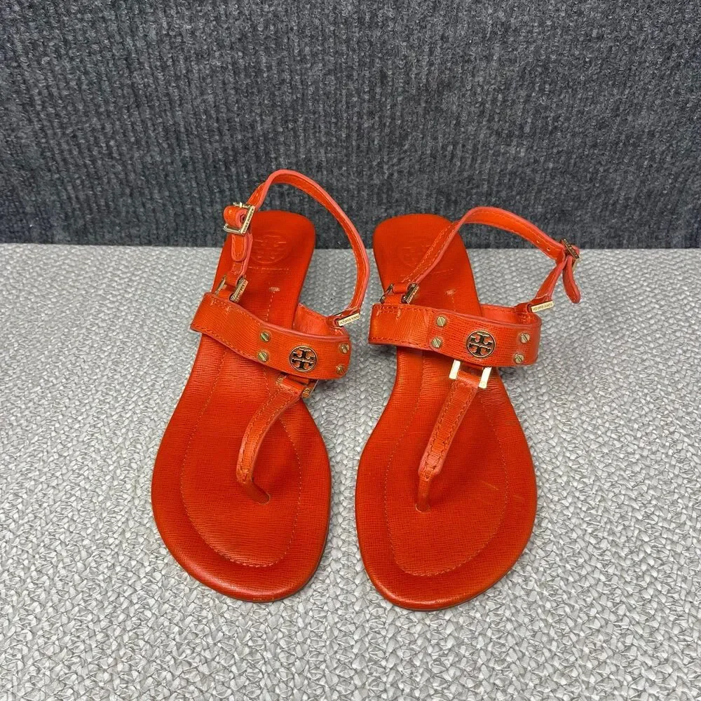 Tory Burch Robinson Demi Wedge Sandals Thong Slingback Orange Leather Womens 8.5